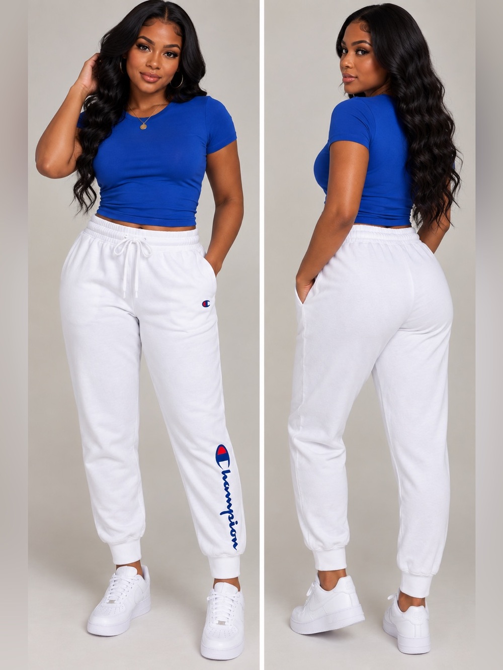 Champion White Logo Track Joggers with Blue Script